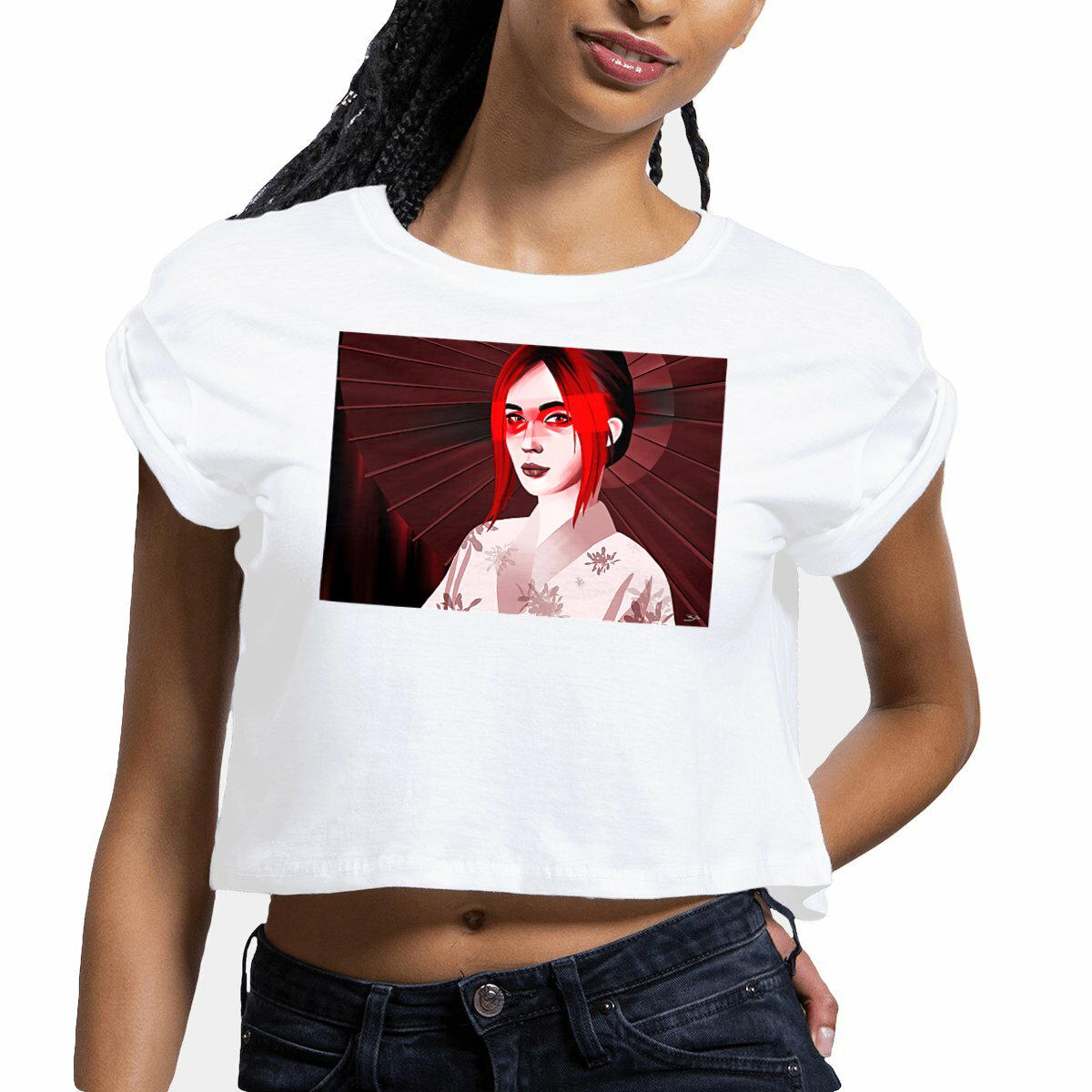 Image front Crop top Femme au motif géisha rouge