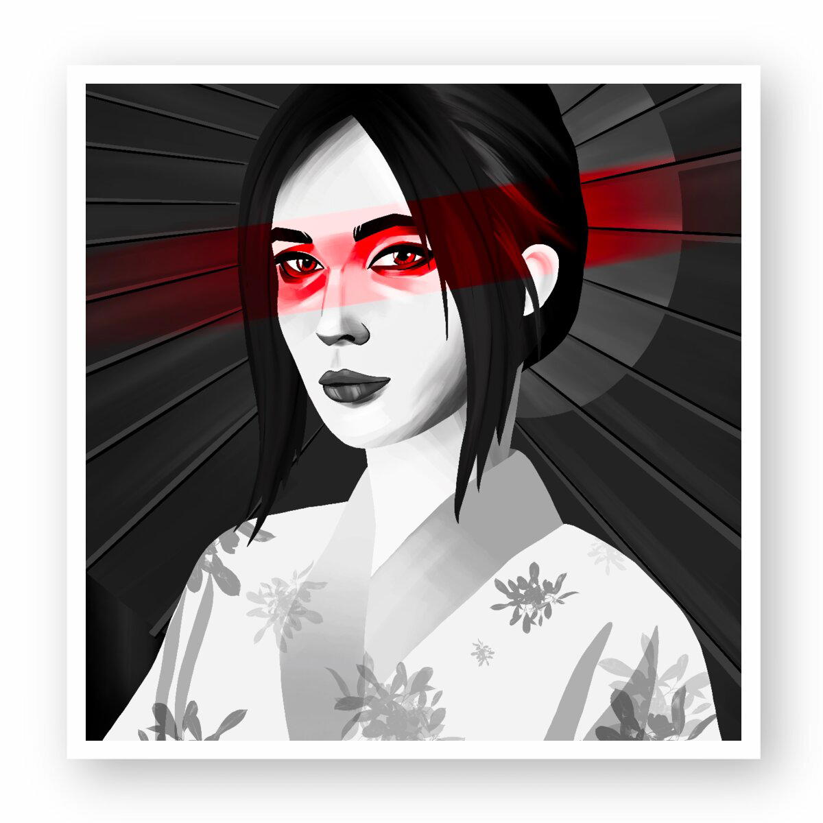 Image front Autocollant Carré - Ombrelle Japonaise et Kimono Noir