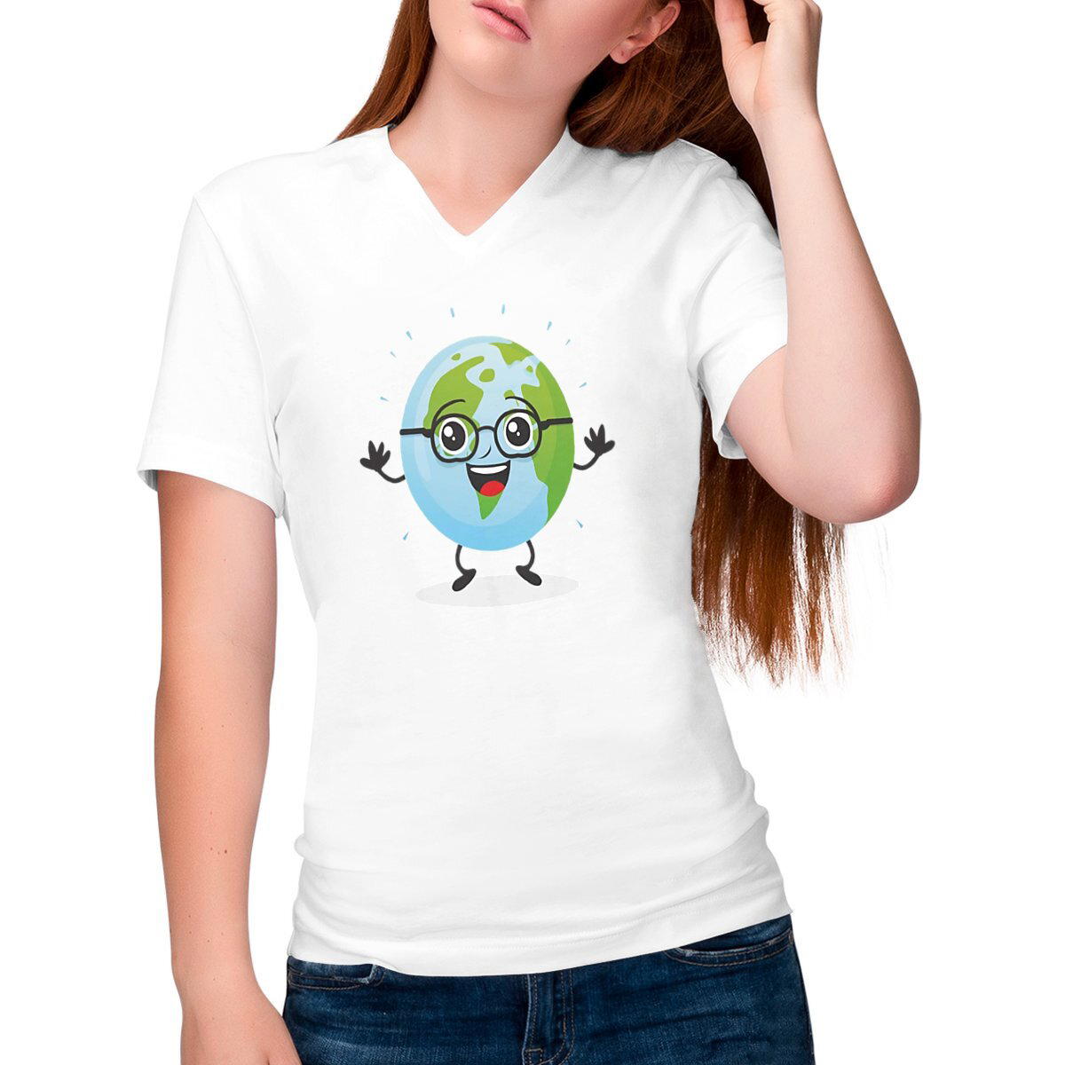 Image front smiling earth dancing wearing black glasses white background.