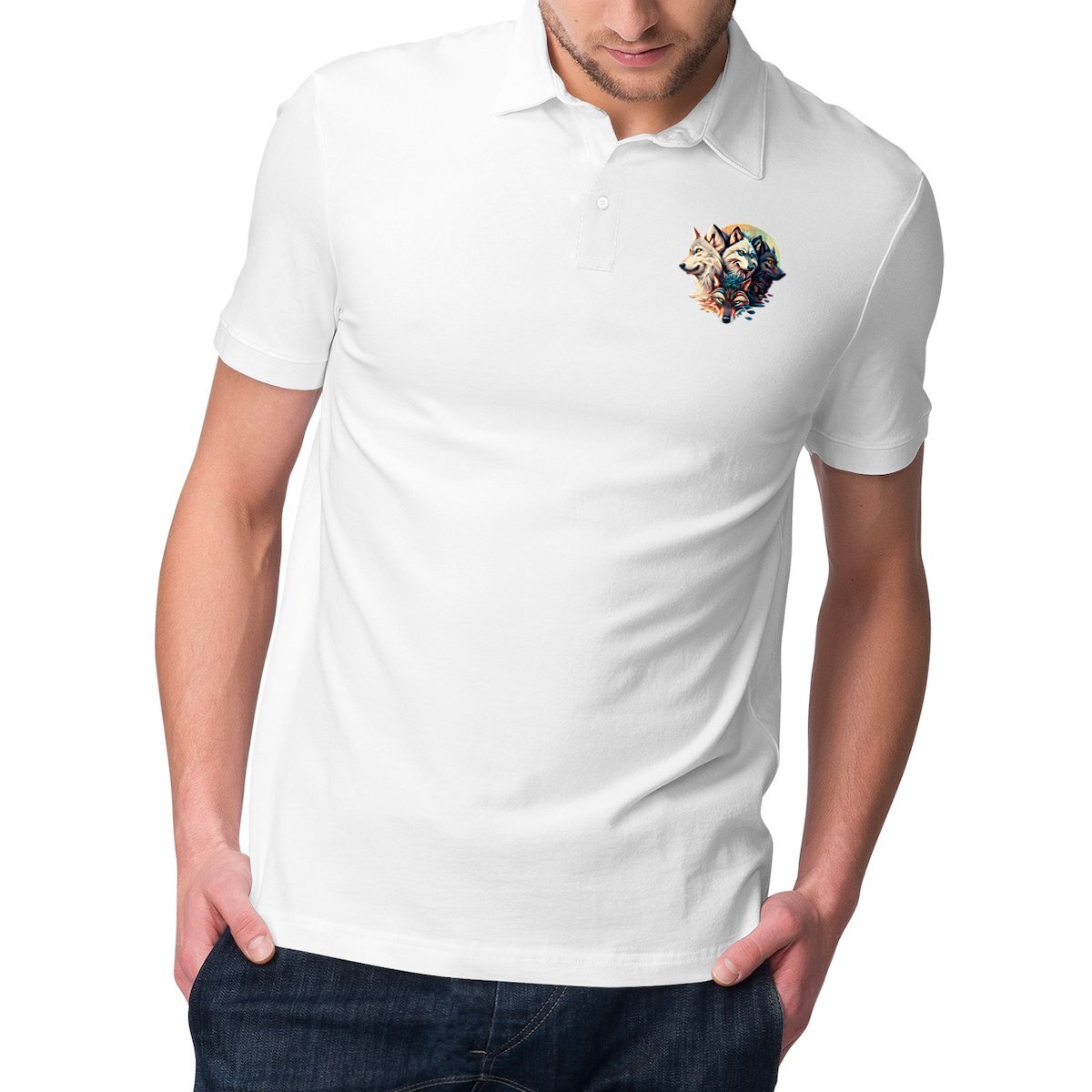 Image front The Howling Yin-Yang: 3D Render of Colorful Wolf Heads in Dark Fantasy