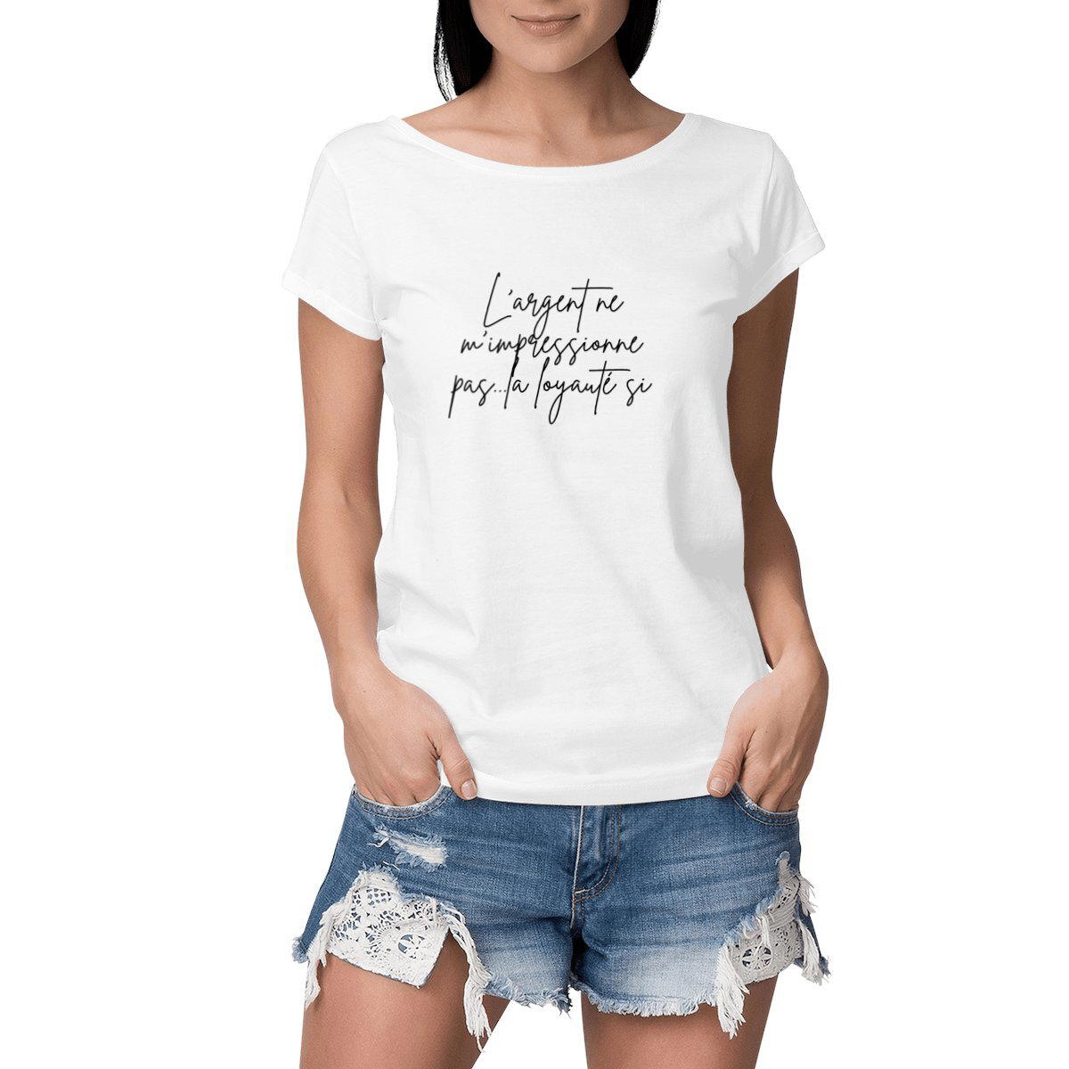 Image front T-shirt  - Femme - L'argent ne m'impressionne pas - 100% coton biologique peigné