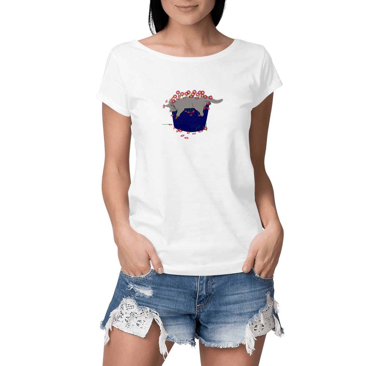 Image front Cat in the Pot on a Women's Slub T-Shirt