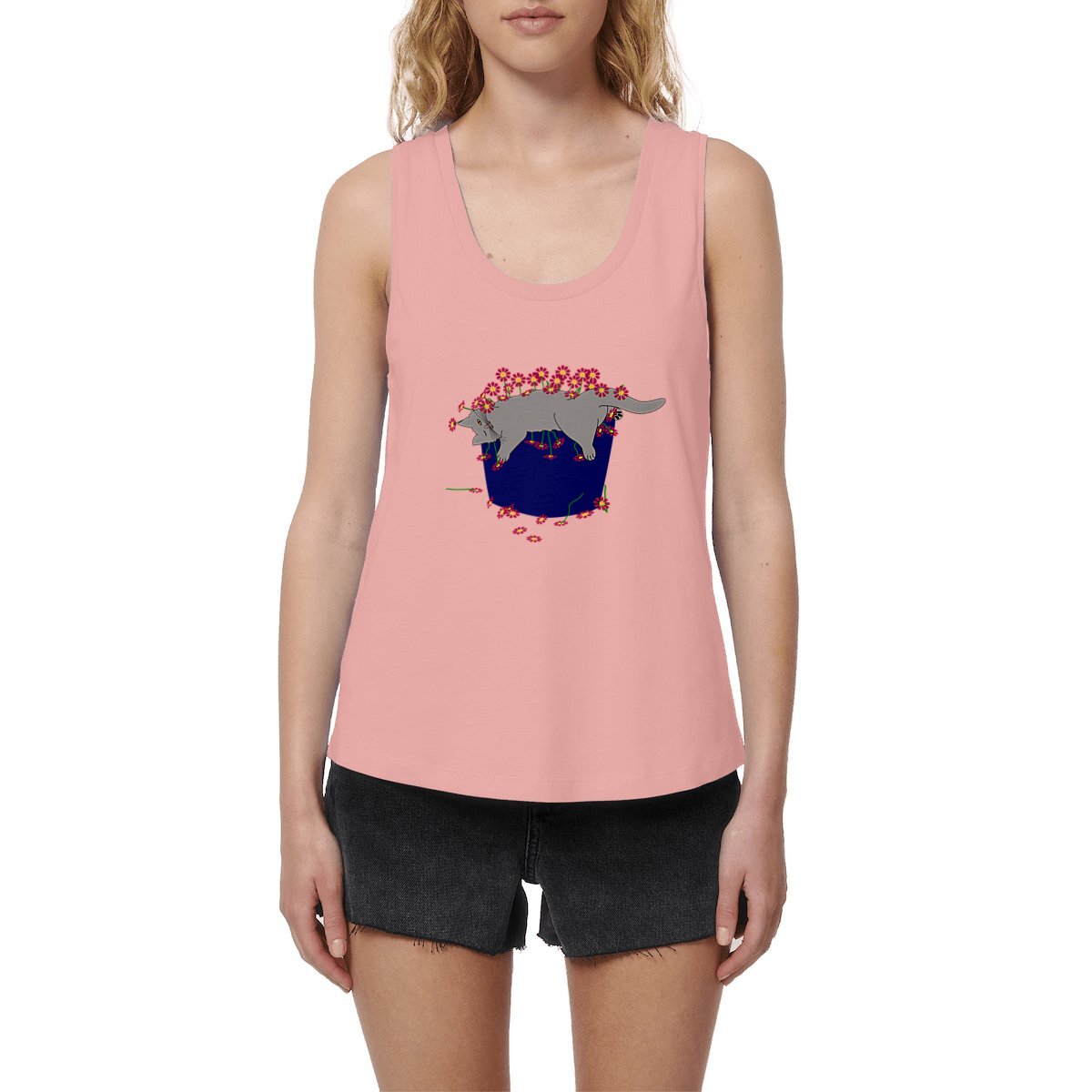 Image front Cat in the Pot on a Loose Fitting Women‘s Tank Top