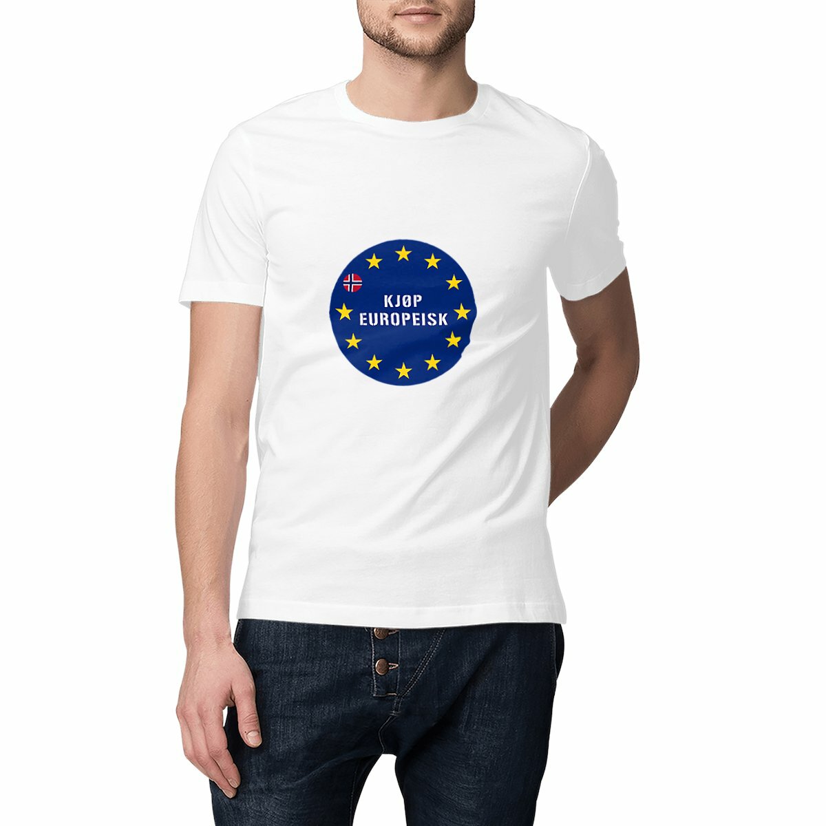 Kjøp europeisk-t-skjorte -- Blått trykk med europeiske stjerner og norsk flagg
