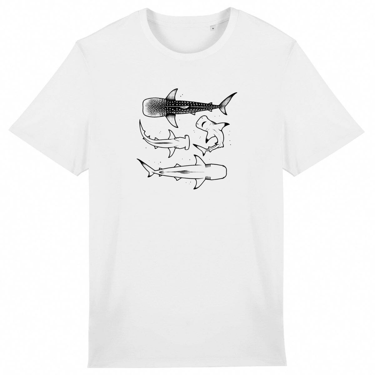 Image front Minimalist Shark Line Art T-Shirt – Whale Shark, Hammerhead, and Great White Shark Design 