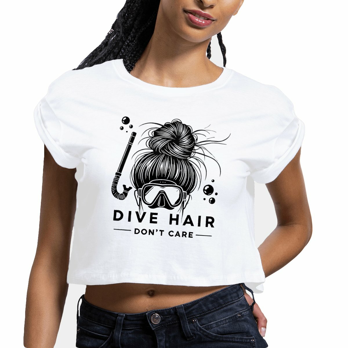 Image front Scuba Diving crop top "Dive Hair Don't Care" - Funny Snorkeling Gift for Ocean Lovers