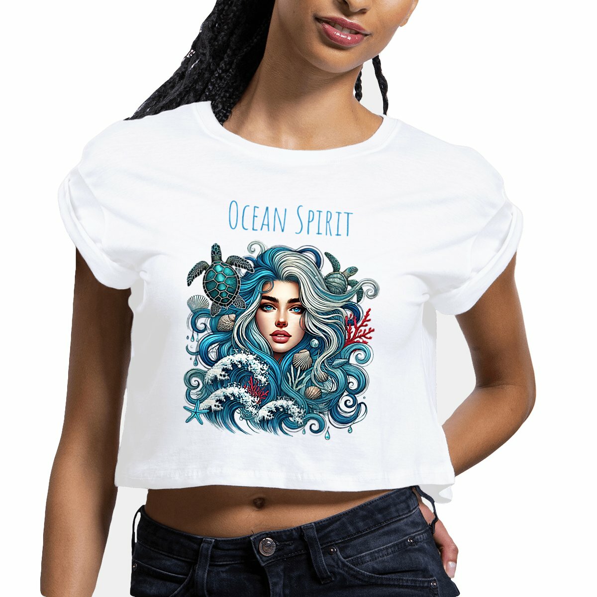 Image front Ocean Spirit Crop Top – Artistic Marine Life Design for Ocean Lovers