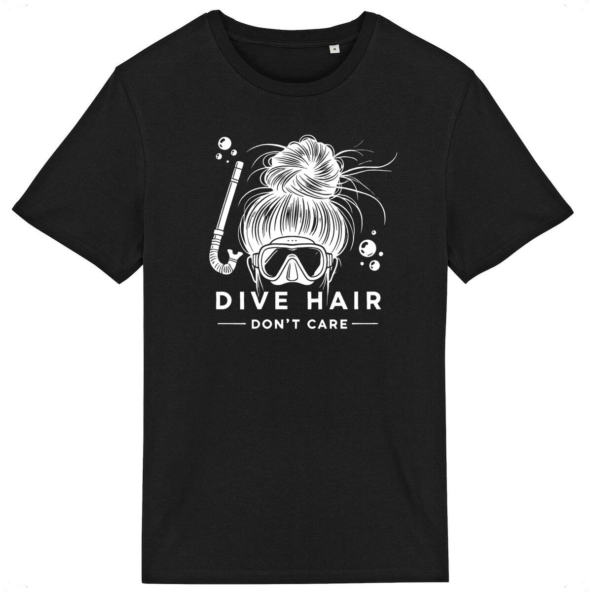 Image front Scuba Diving T-Shirt "Dive Hair Don't Care" - Funny Snorkeling Gift for Ocean Lovers