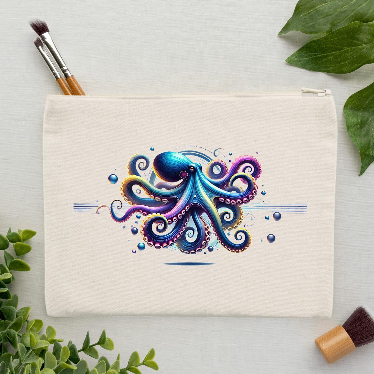 Image front Vibrant Octopus Canvas Pouch - Ocean-Themed Accessory in 100% Recycled Cotton