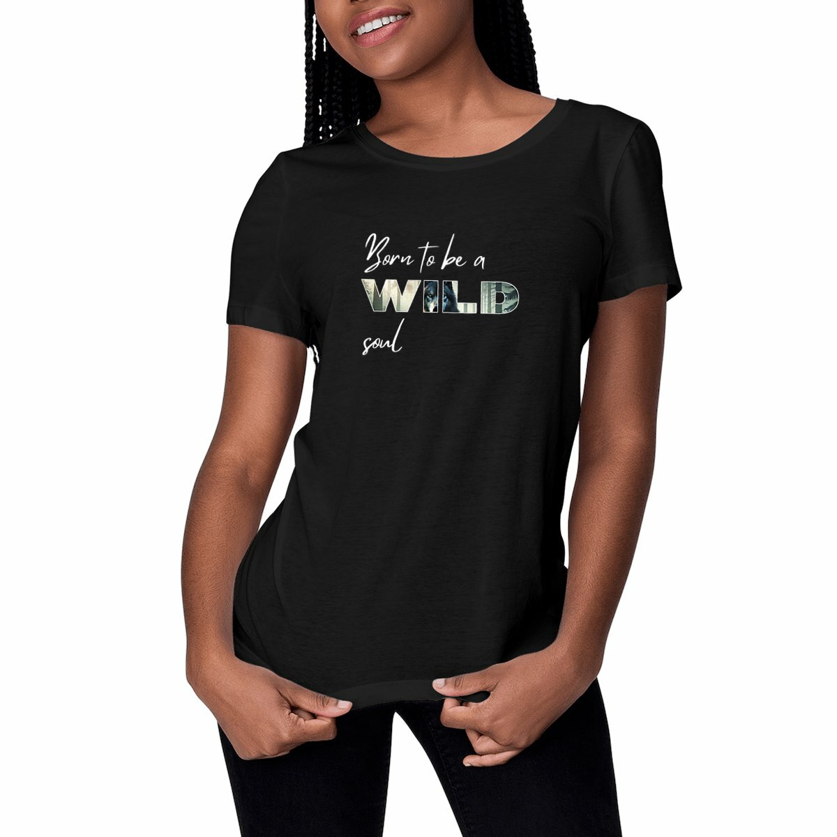 Image front Born to Be a Wild Soul T-Shirt - Wolf Design, Minimalist Nature-Inspired Tee