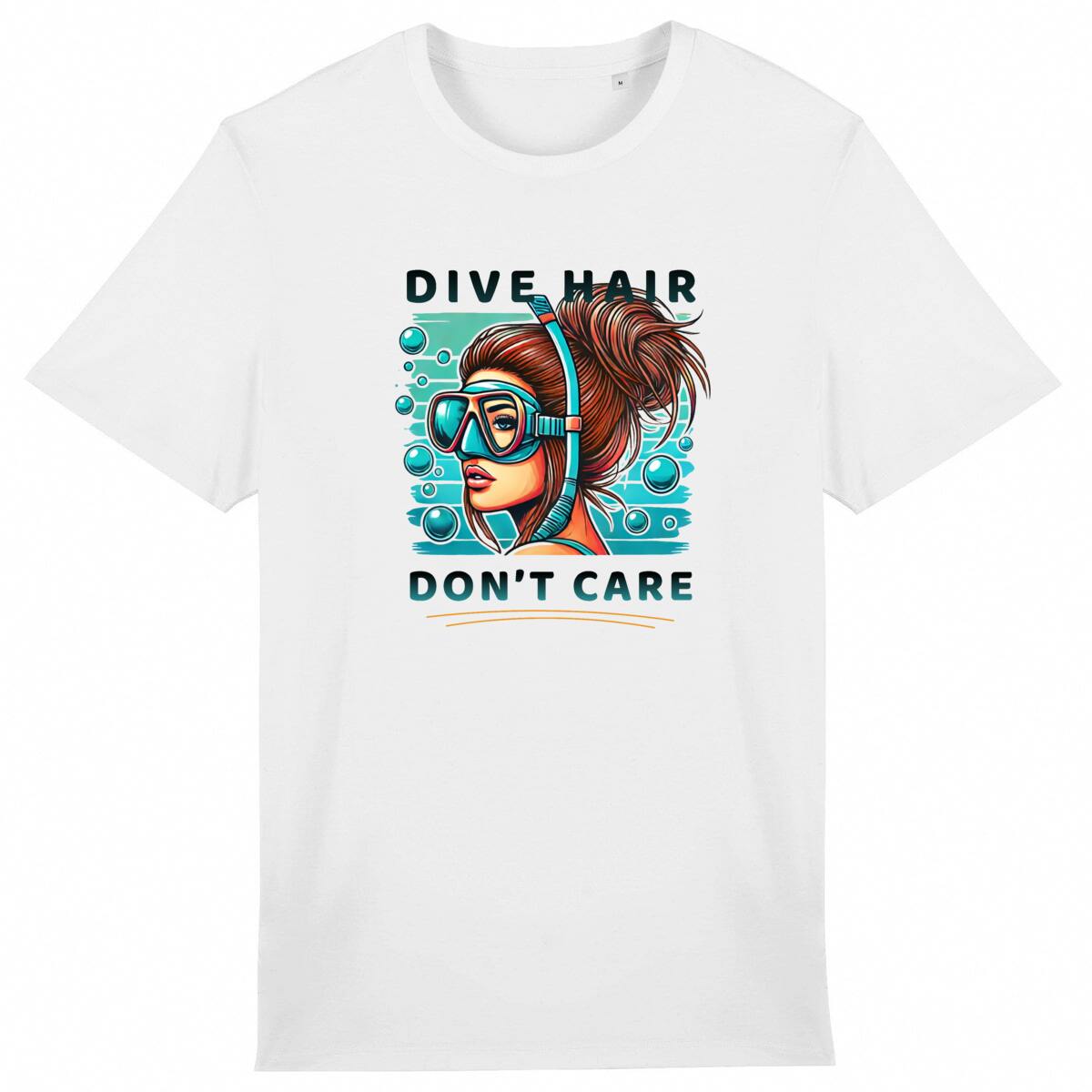 Image front Scuba Diving T-Shirt "Dive Hair Don't Care" - Funny Snorkeling Gift for Ocean Lovers