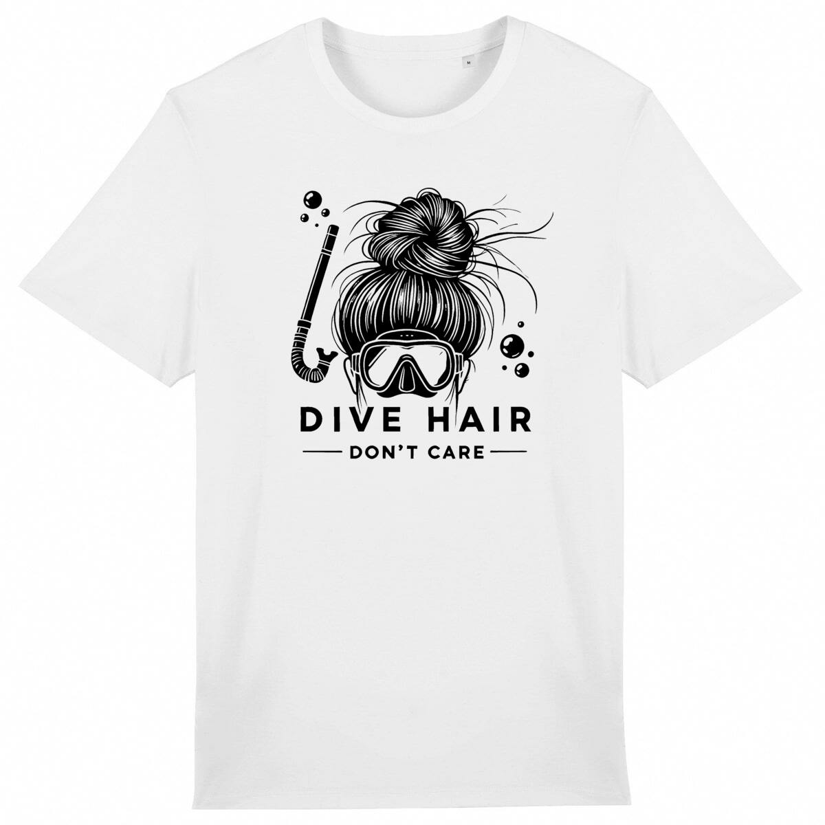 Image front Scuba Diving T-Shirt "Dive Hair Don't Care" - Funny Snorkeling Gift for Ocean Lovers