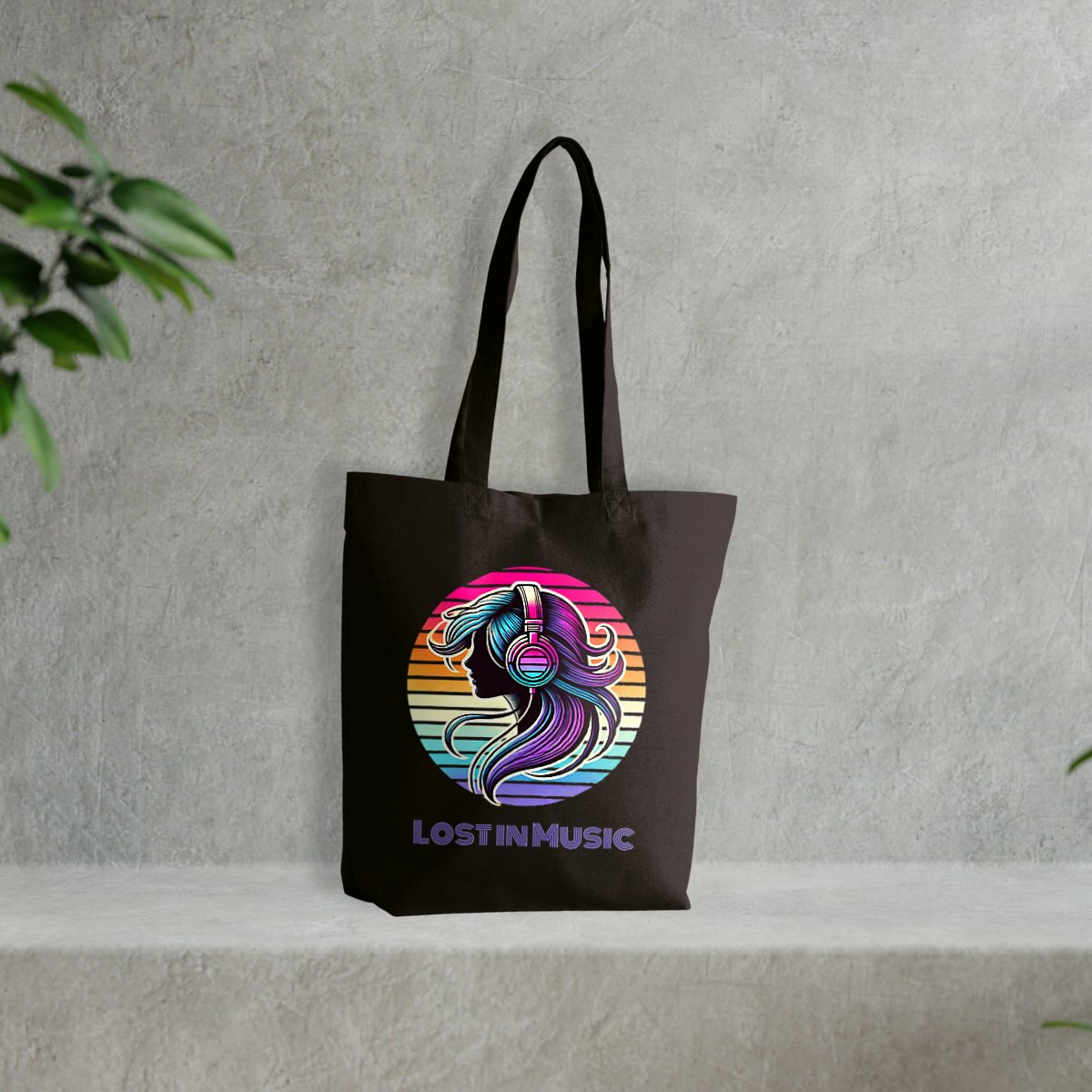 Image front Lost in Music Tote Bag – Retro Music-Inspired Design | Colorful Headphone Tote Bag | Gift 