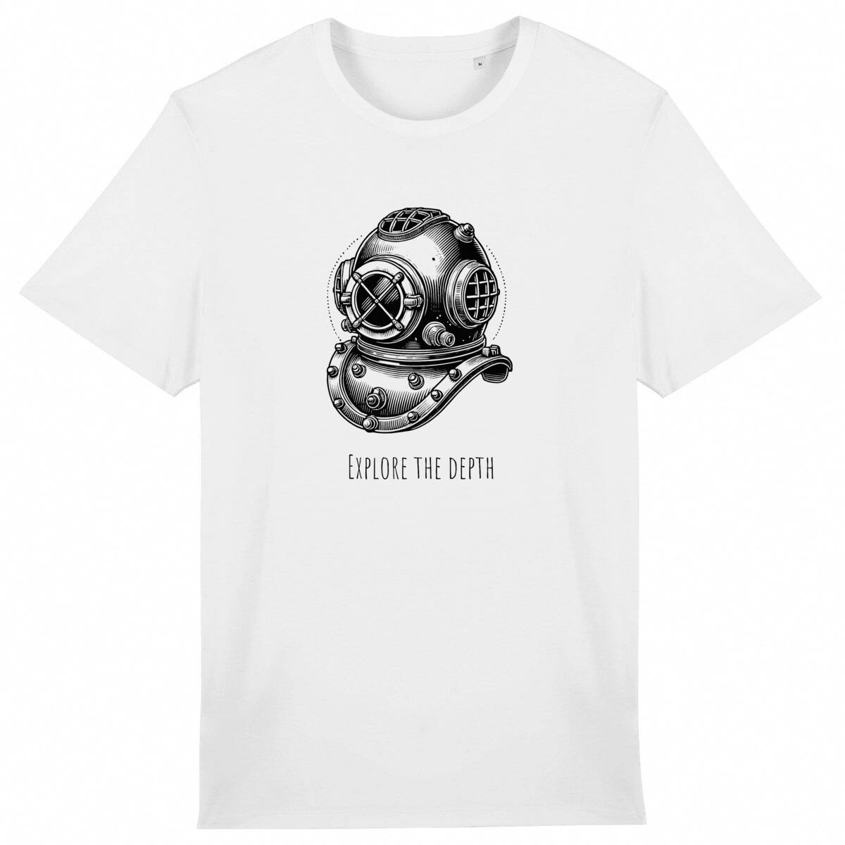 Image front Vintage Diving Helmet T-Shirt "Explore the Depth" - Nautical Adventure Gift for Scuba Lovers