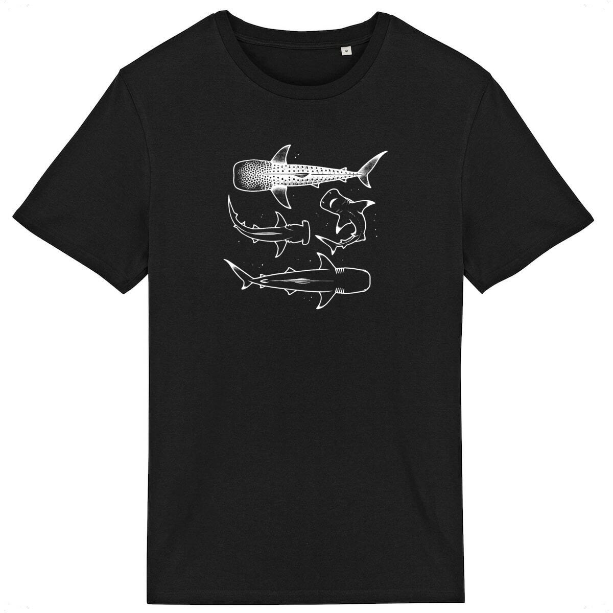 Image front Minimalist Shark Line Art T-Shirt – Whale Shark, Hammerhead, and Great White Shark Design 