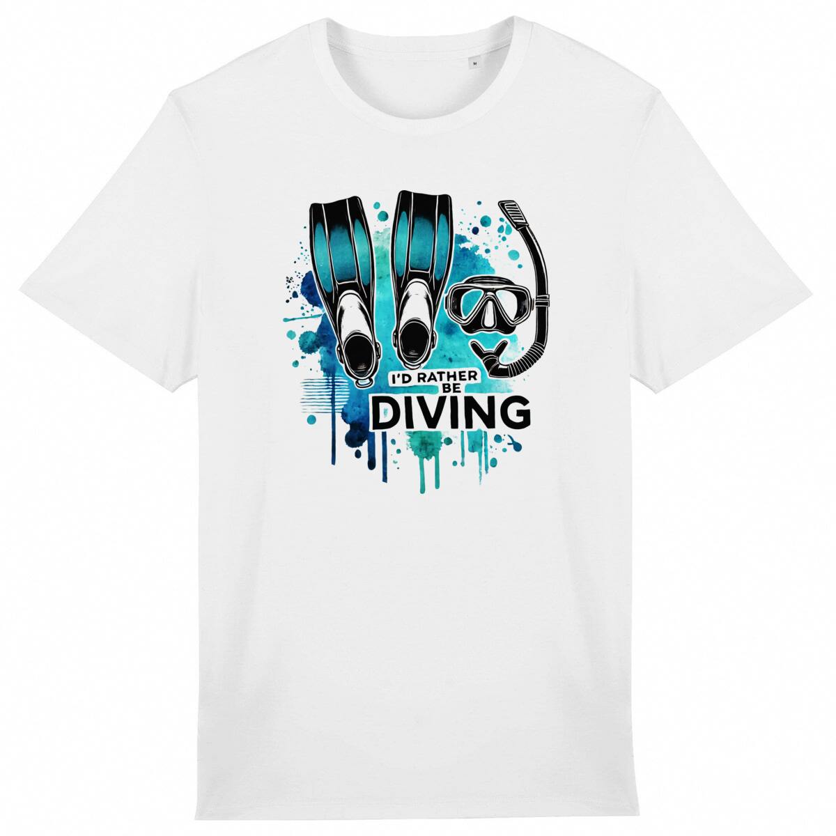 Image front I'd Rather Be Diving" Watercolor-Inspired Scuba T-Shirt - Minimalist Diving Gear Design