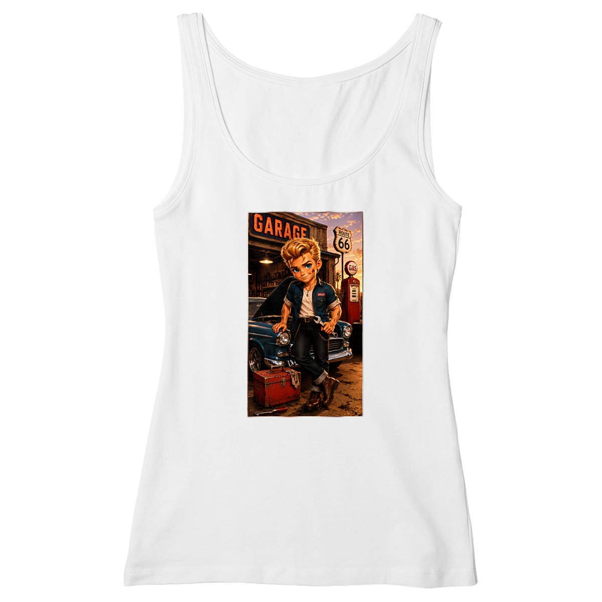 Image front Débardeur cintré Femme Vintage Route 66 Dean Mécano - Collection Rockachibi