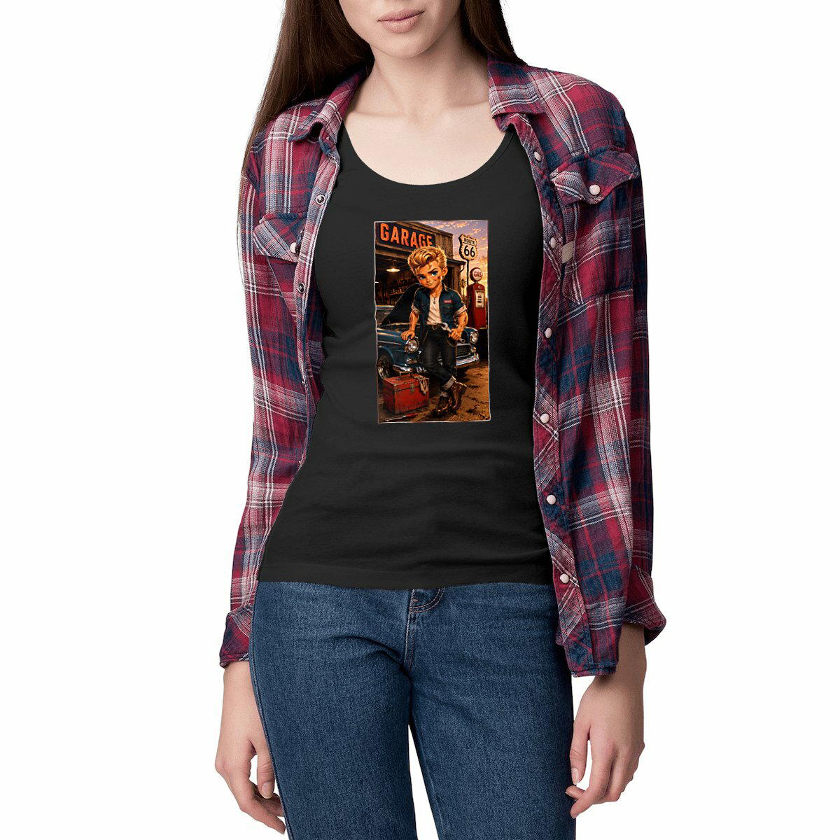 Image front Débardeur cintré Femme Vintage Route 66 Dean Mécano - Collection Rockachibi