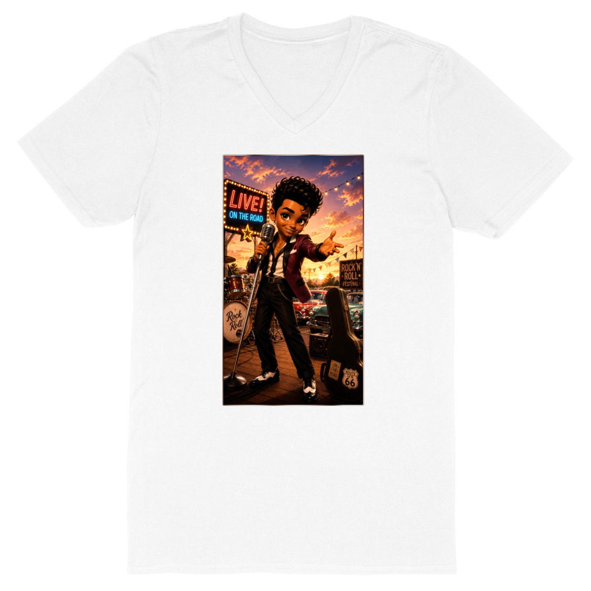 Image front T-shirt Col V Homme Concert Rétro Bobby Chanteur - Rockachibi