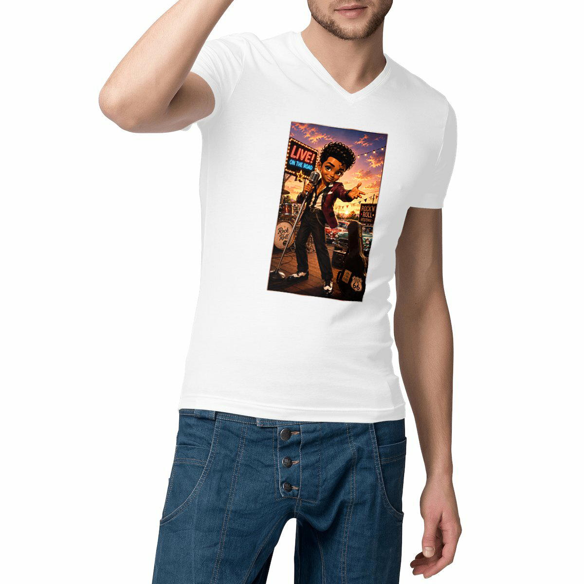 Image front T-shirt Col V Homme Concert Rétro Bobby Chanteur - Rockachibi
