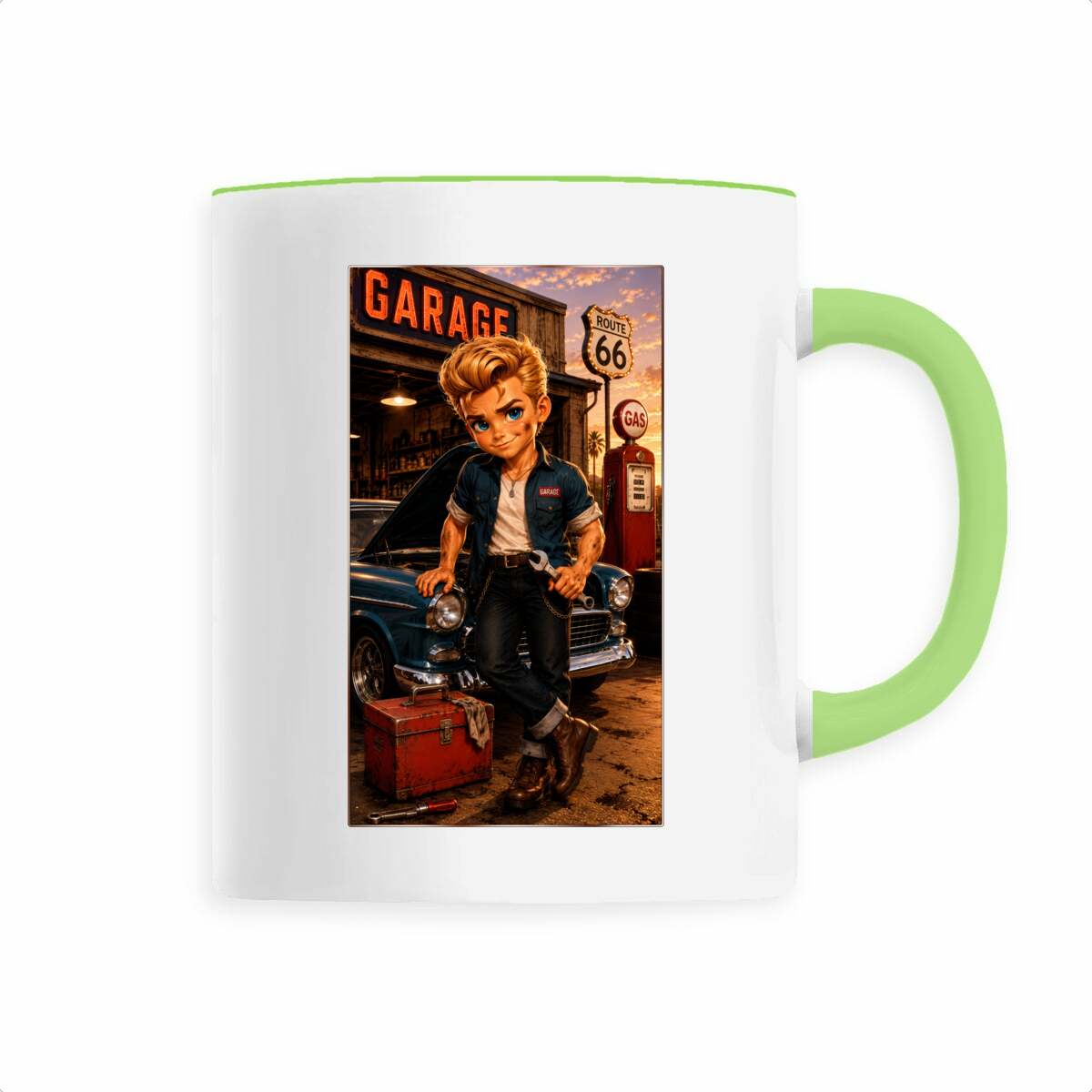 Image front Mug Rétro Route 66 Mécano Dean Garage
