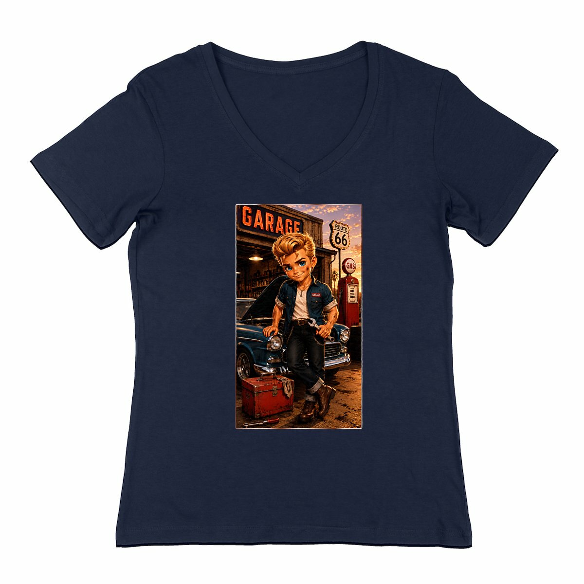 Image front T-shirt Col V Femme Vintage Biker Mécano Dean - Rockachibi
