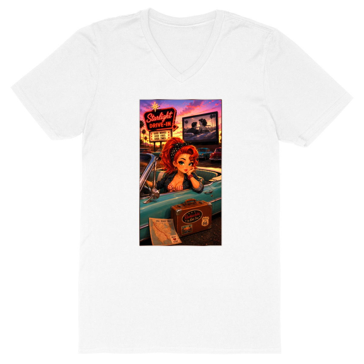 Image front T-shirt Col V Homme Rockabilly Drive-In Ginger - Rockachibi