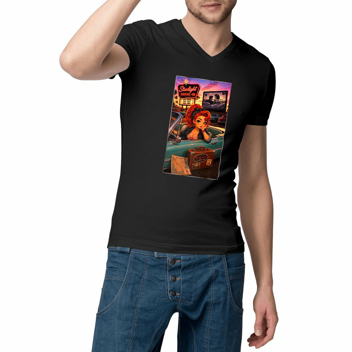 Image front T-shirt Col V Homme Rockabilly Drive-In Ginger - Rockachibi