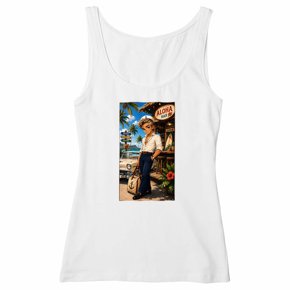 Image front Débardeur cintré  Femme Rétro Hawaï Bruce Tiki Bar - Collection Rockachibi