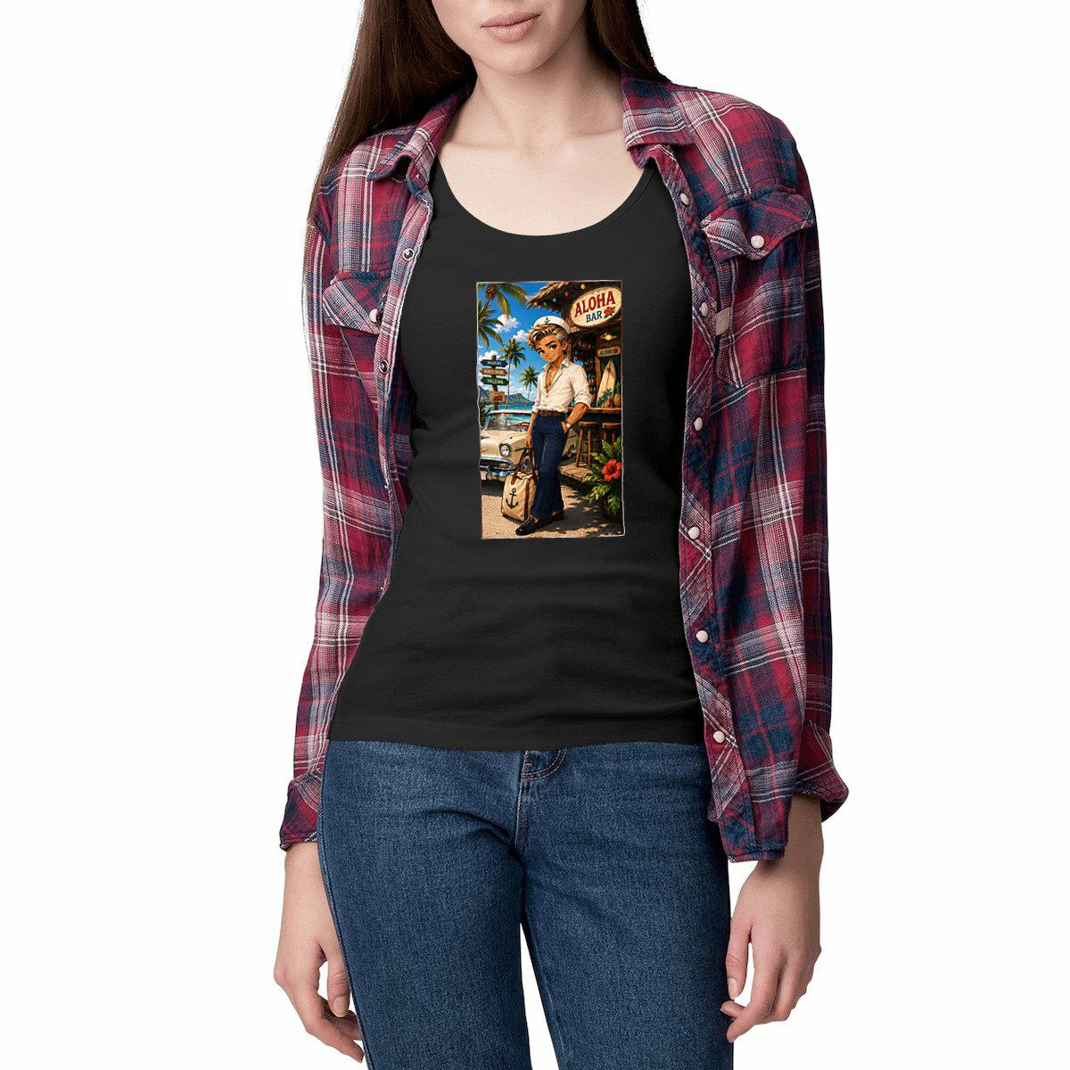 Image front Débardeur cintré  Femme Rétro Hawaï Bruce Tiki Bar - Collection Rockachibi