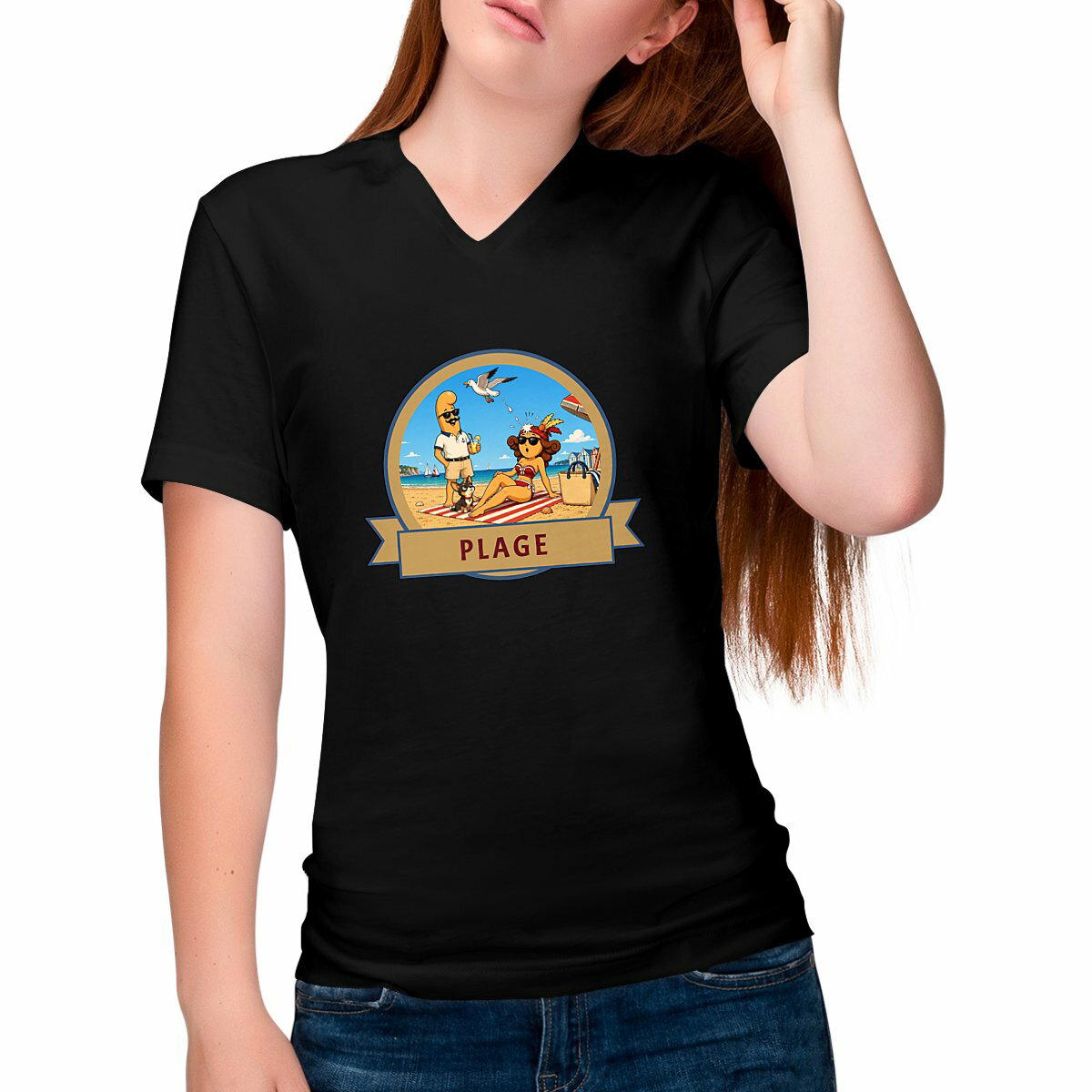 T-shirt Femme Col V : Kékette et Vagina à la plage