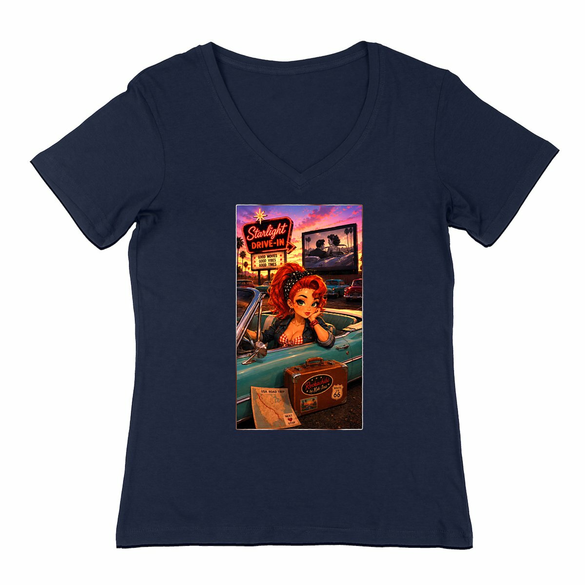 Image front T-shirt Col V Femme Vintage Pin-up Ginger Drive-In - Rockachibi