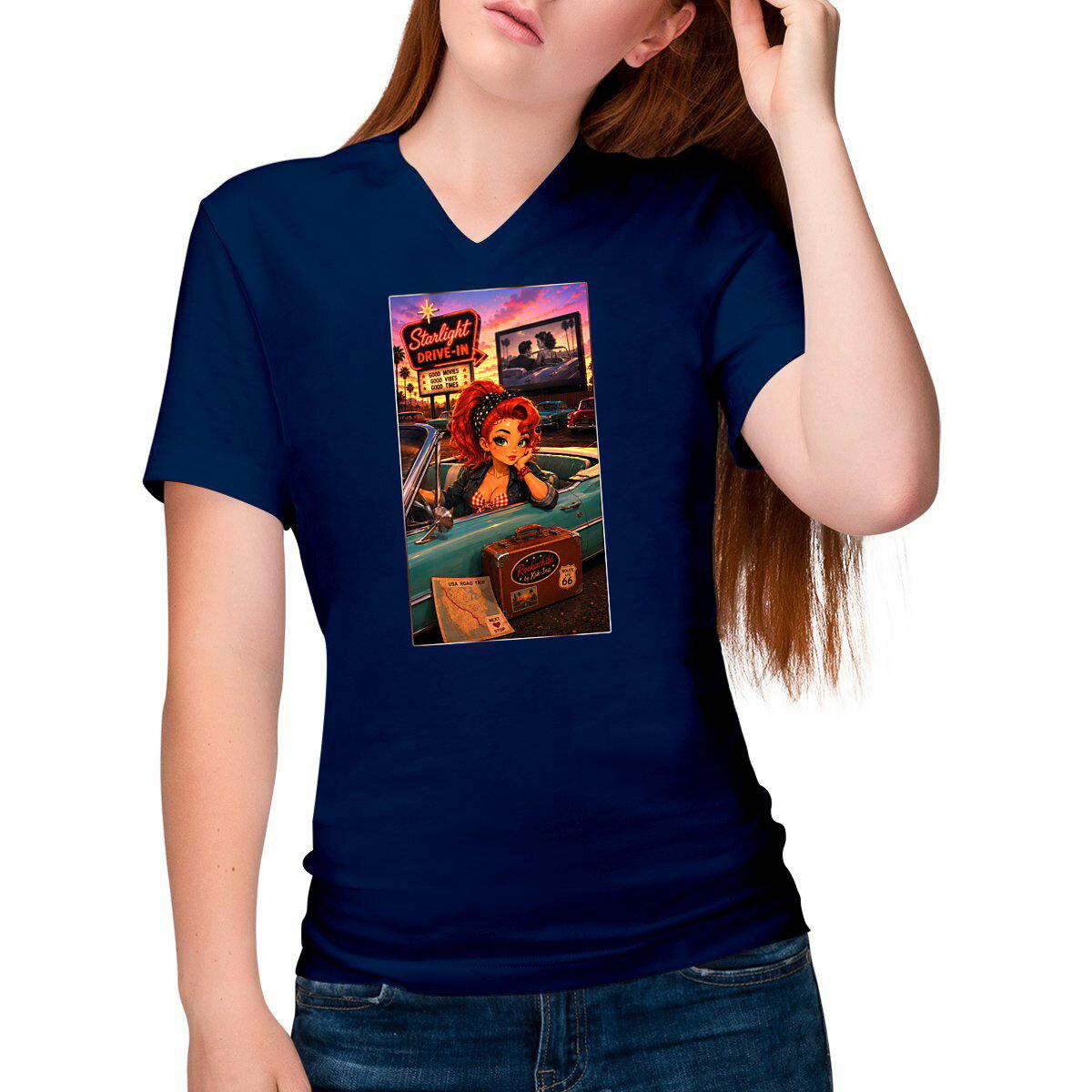 Image front T-shirt Col V Femme Vintage Pin-up Ginger Drive-In - Rockachibi