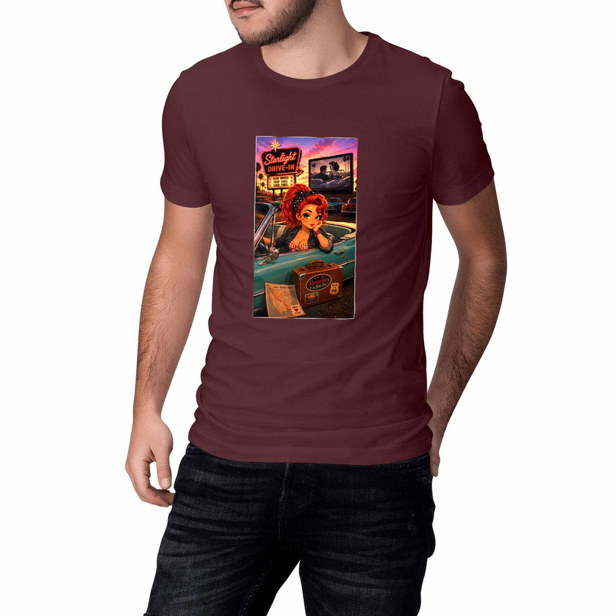 Image front T-shirt classique  Unisexe Rockabilly Ginger au Drive-In - Collection Rockachibi