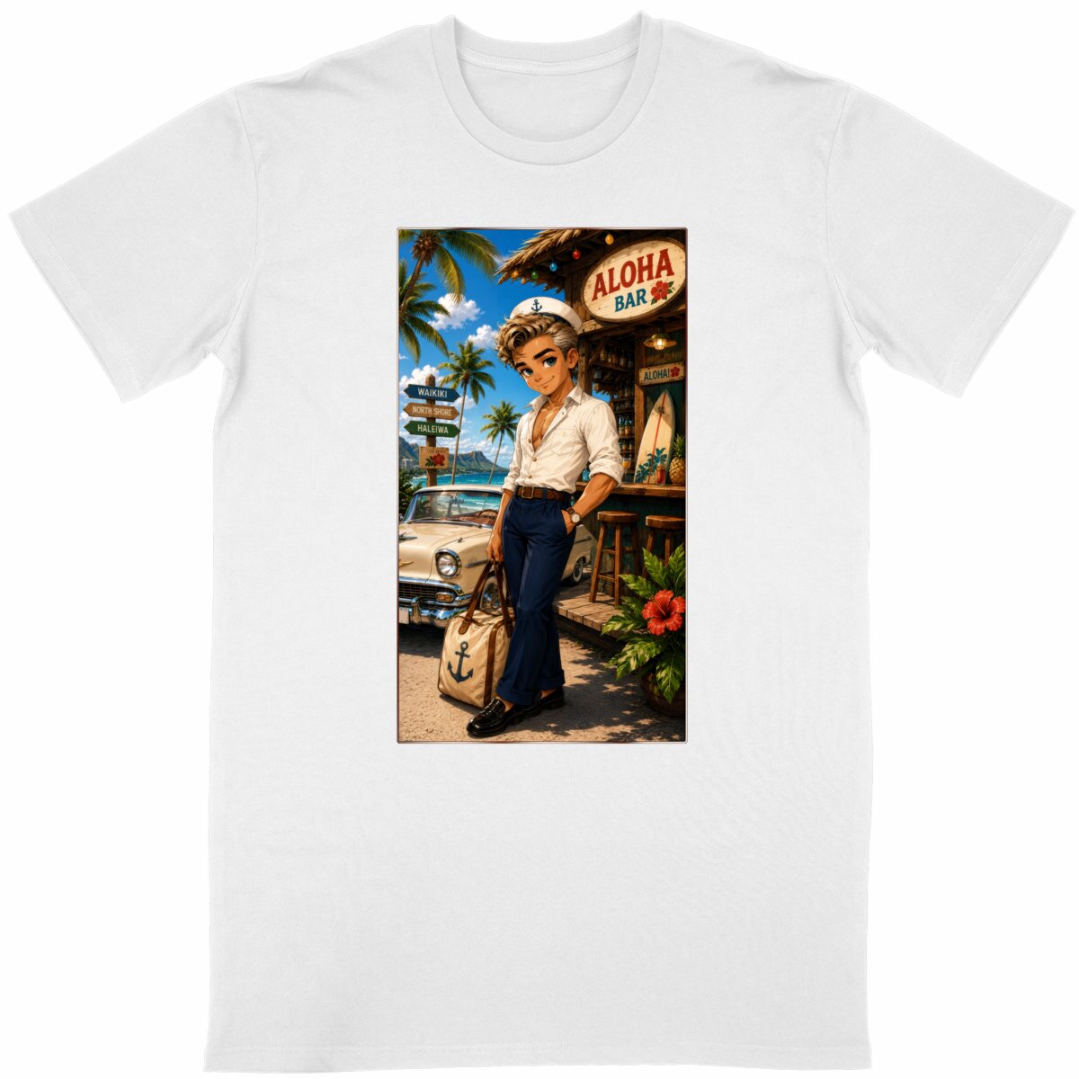 Image front T-shirt classique Unisexe Rockabilly Bruce Aloha Bar Hawaï - Rockachibi