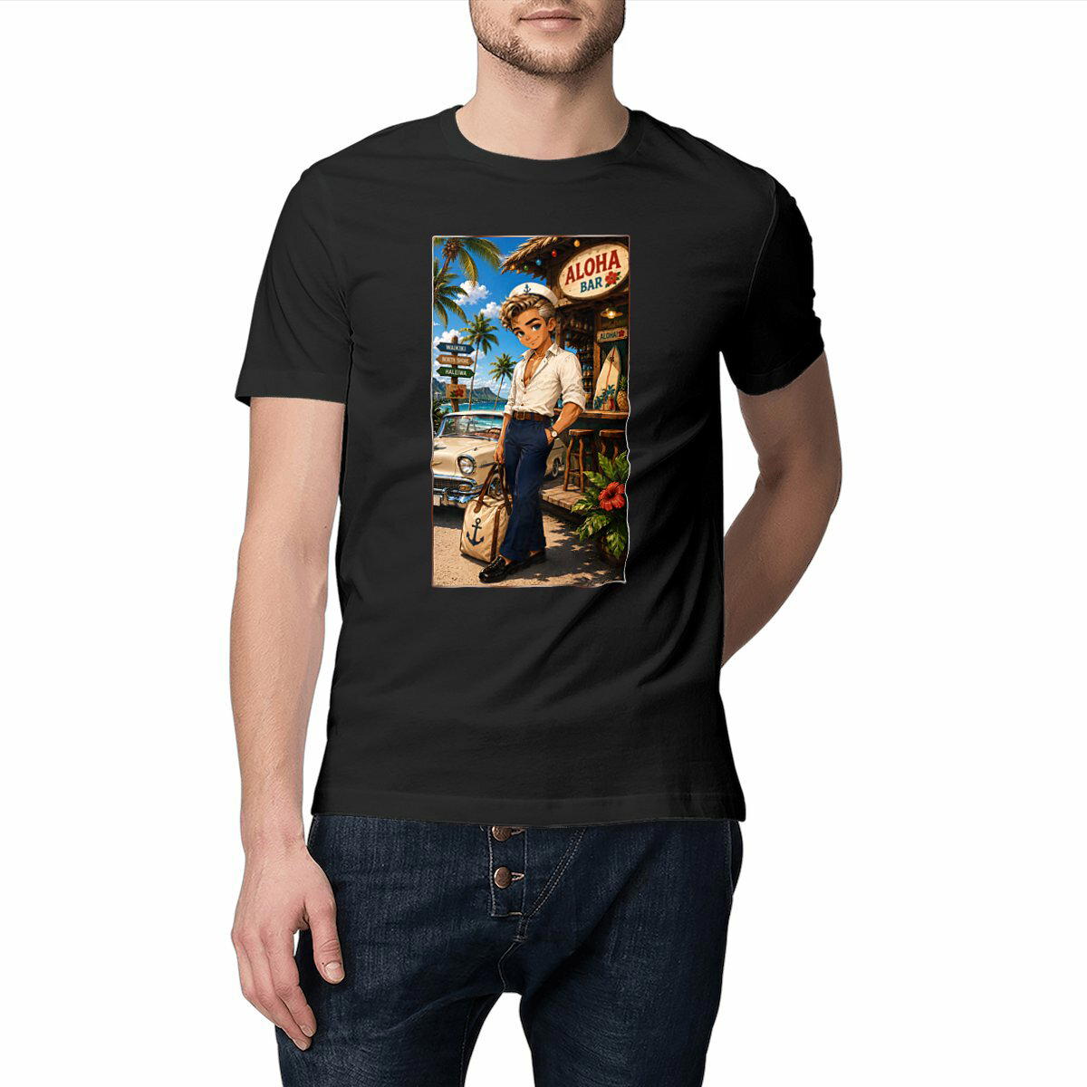 Image front T-shirt classique Unisexe Rockabilly Bruce Aloha Bar Hawaï - Rockachibi