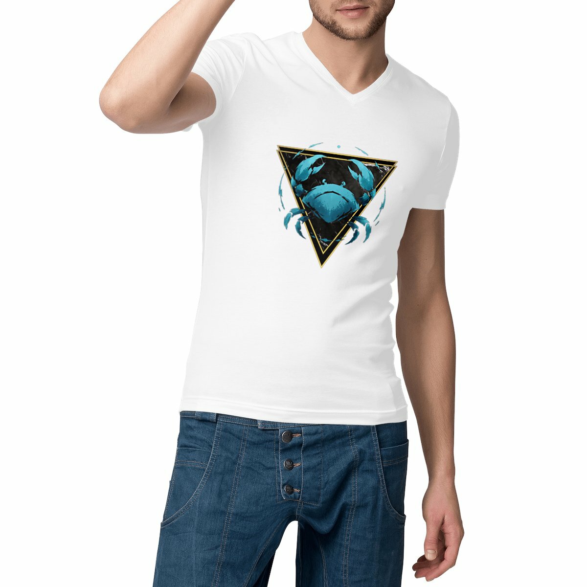 Image front T-shirt Col V Homme Cancer Coton Bio - Style Ethnique Élément Eau