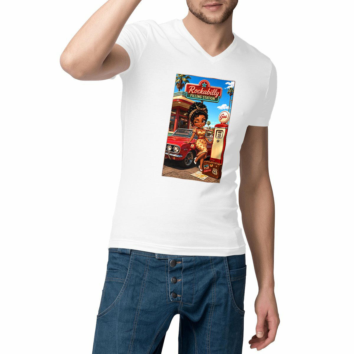 Image front T-shirt Col V Homme Rockabilly Filling Station Gloria - Rockachibi