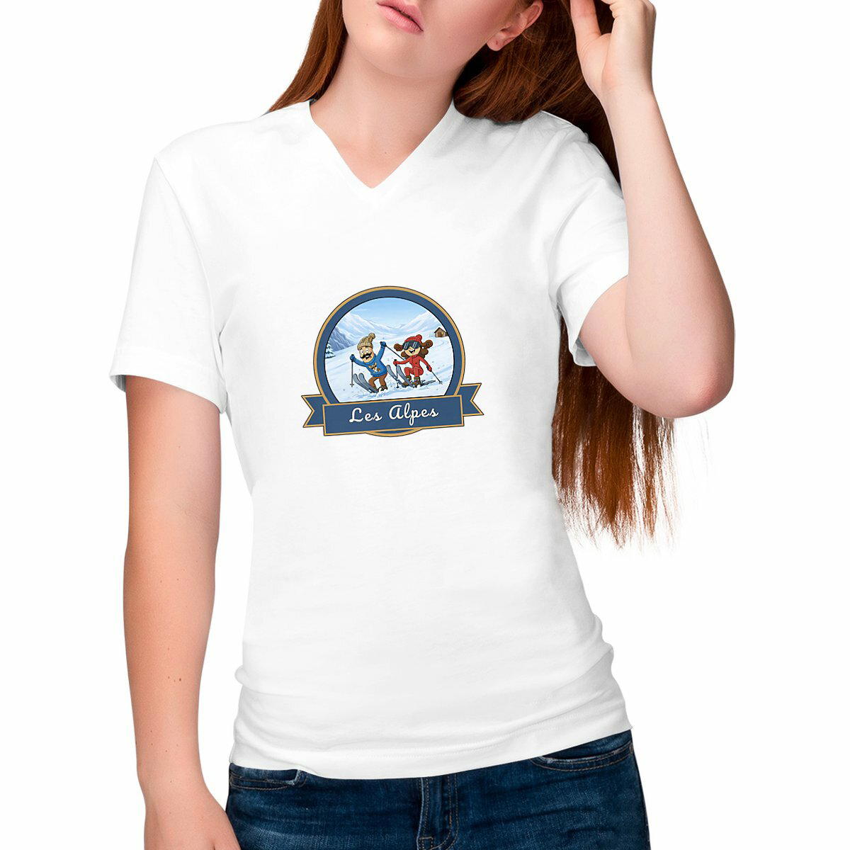 T-shirt Femme Col V "Kékette et Vagina dans Les Alpes'