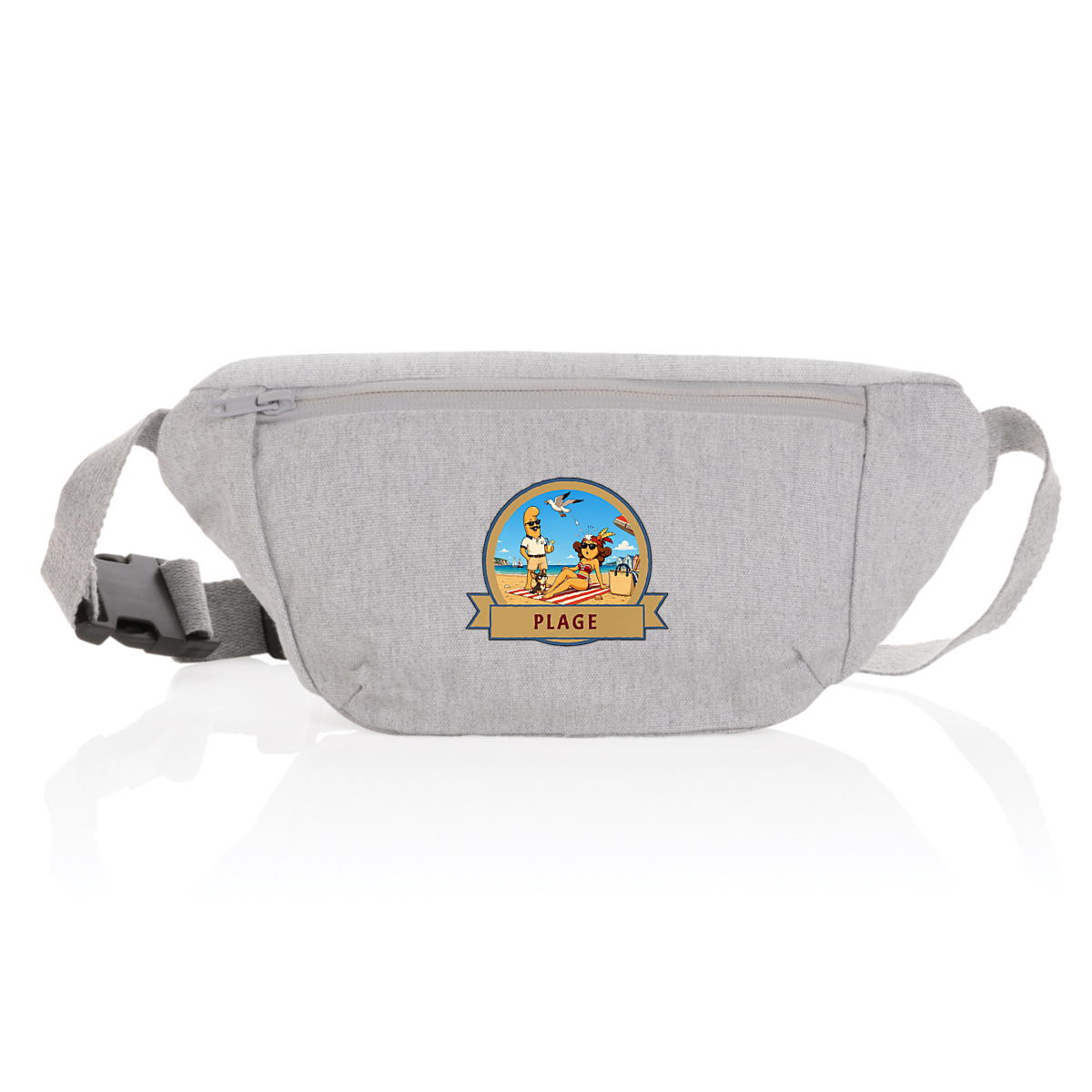 Image front Sac banane en toile Kek et Ina à la plage