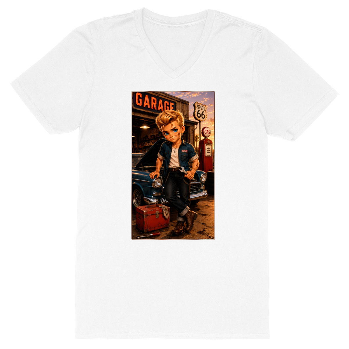 Image front T-shirt Col V Homme Custom Garage Dean Mécano - Rockachibi