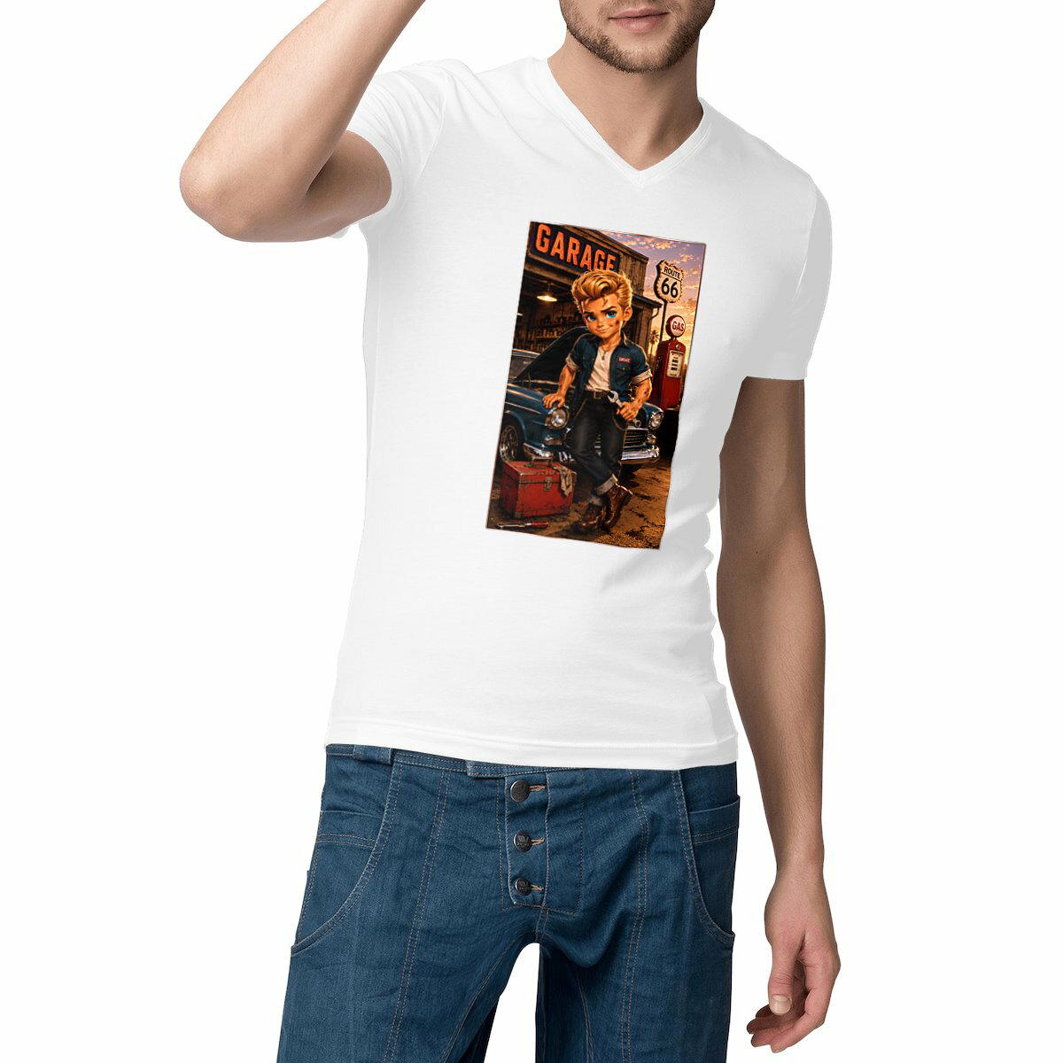 Image front T-shirt Col V Homme Custom Garage Dean Mécano - Rockachibi