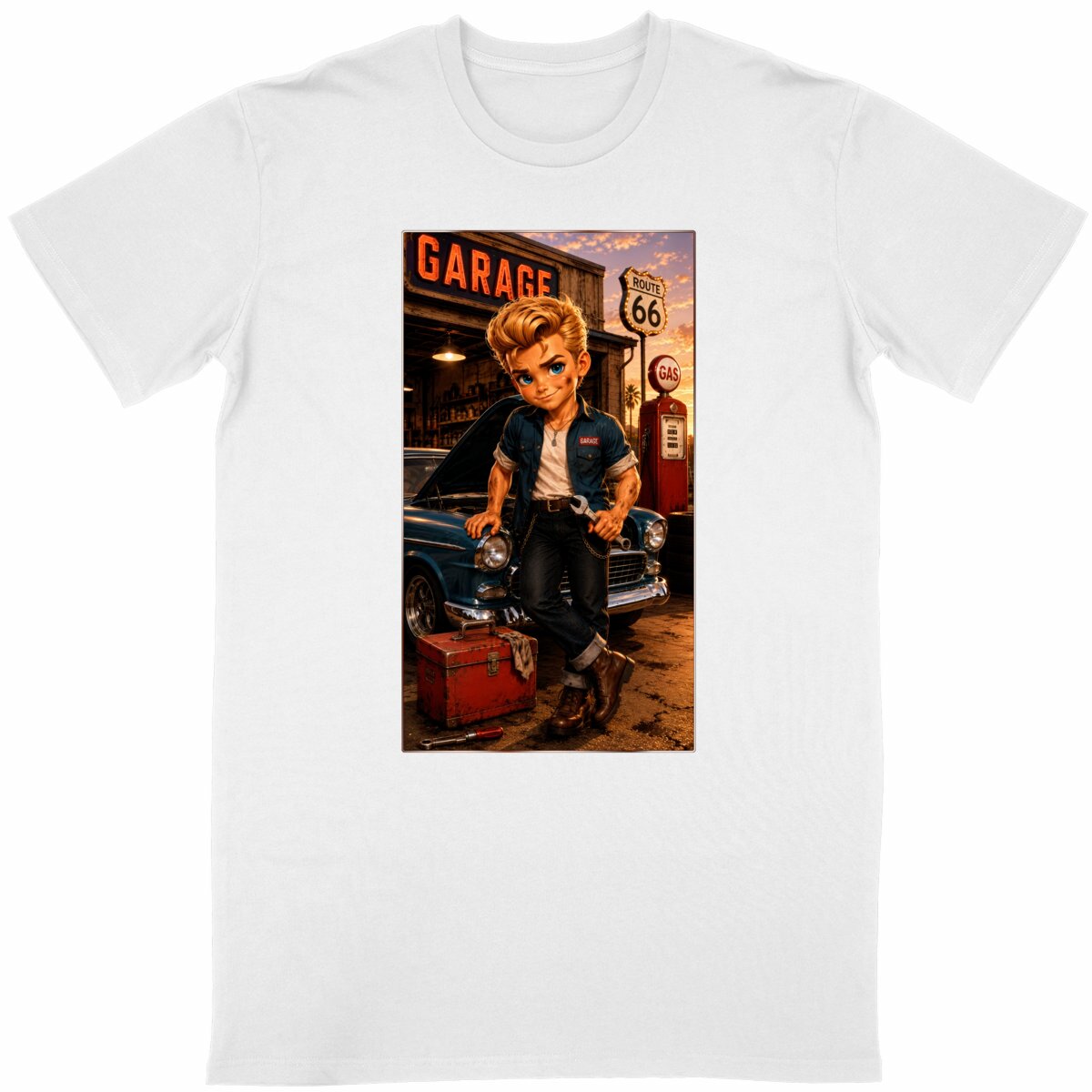 Image front T-shirt classique Unisexe Mécano Vintage Dean Route 66 - Rockachibi