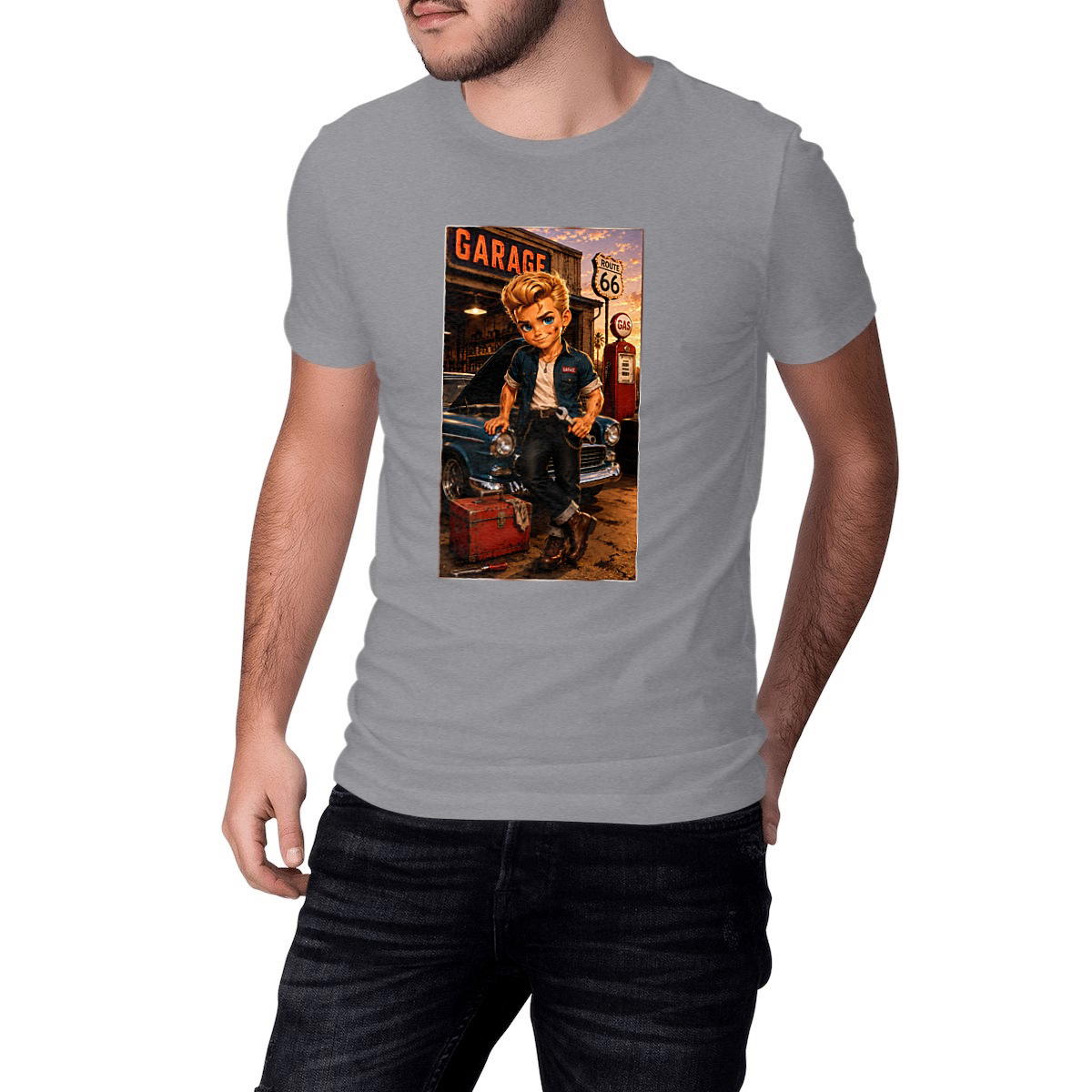 Image front T-shirt classique Unisexe Mécano Vintage Dean Route 66 - Rockachibi