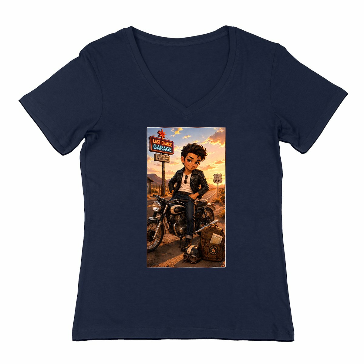Image front T-shirt Col V Femme Rockabilly Biker Steven - Rockachibi