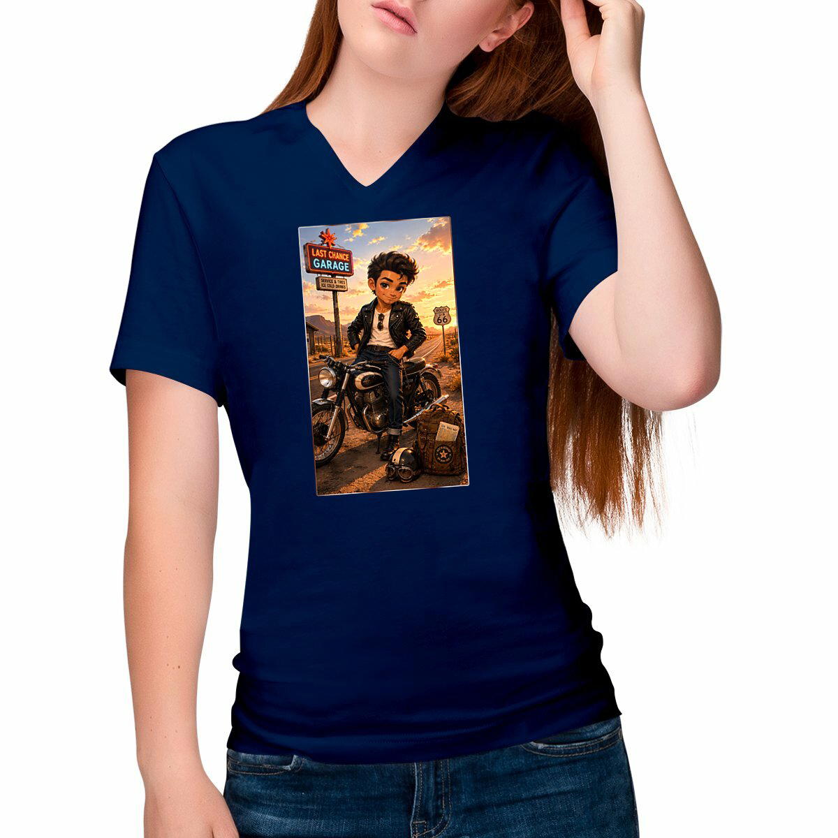 Image front T-shirt Col V Femme Rockabilly Biker Steven - Rockachibi