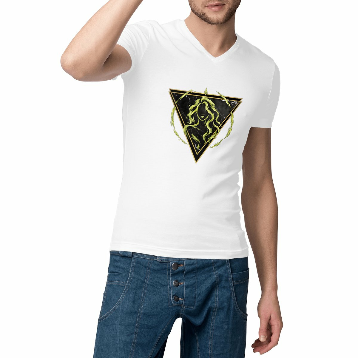 Image front T-shirt Col V Homme Vierge Coton Bio - Style Ethnique Élément Terre