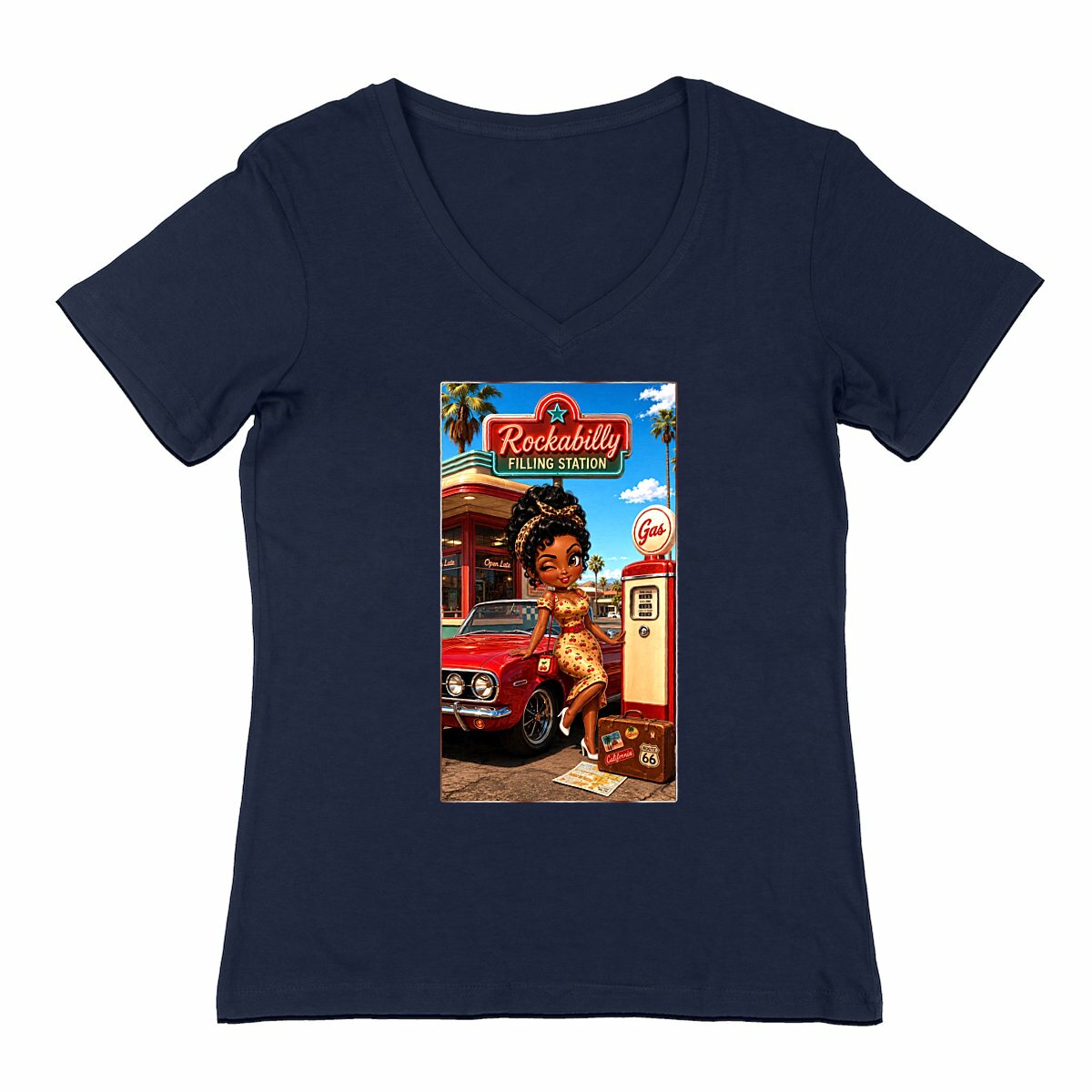 Image front T-shirt Col V Femme Vintage Cerise Gloria - Rockachibi