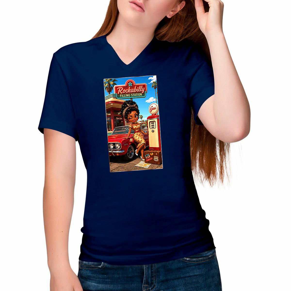 Image front T-shirt Col V Femme Vintage Cerise Gloria - Rockachibi
