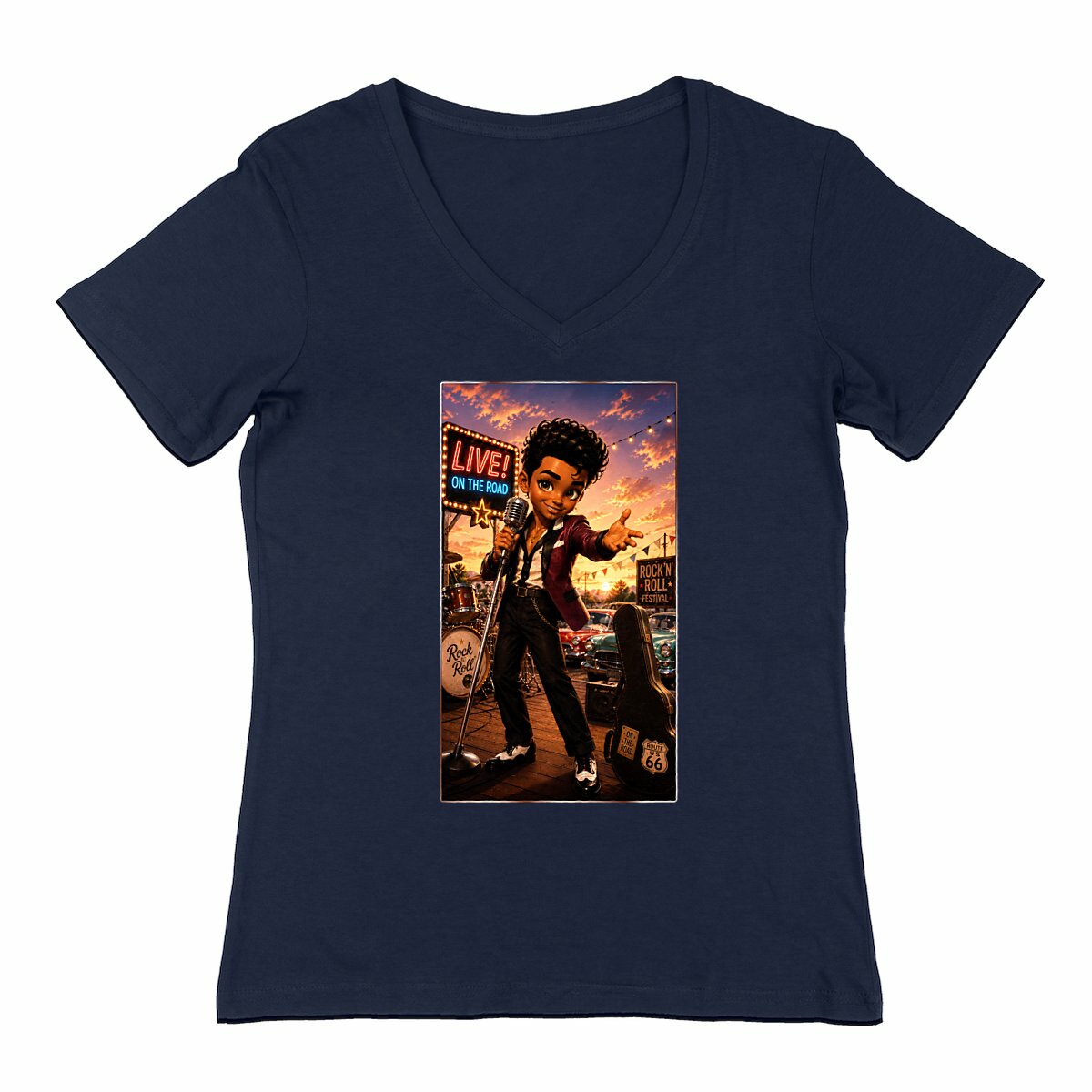 Image front T-shirt Col V Femme Vintage Rockabilly Bobby Show - Rockachibi